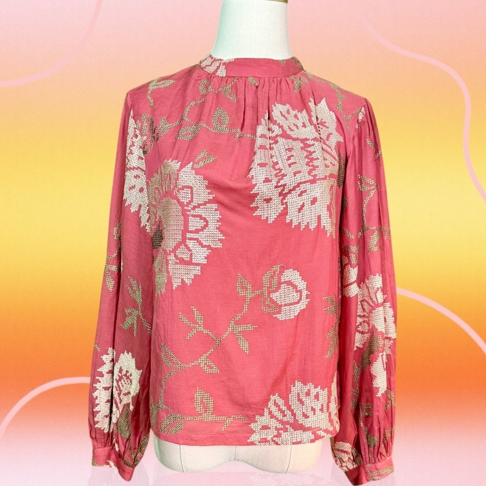 Payal Pratap ‘Rhododendron’ Embroidered Dusty Pink / Red Blouson Sleeve Top Sz 0